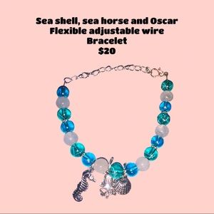 Sea shell, Oscar and sea horse flexible silver adjustable wire bracelet